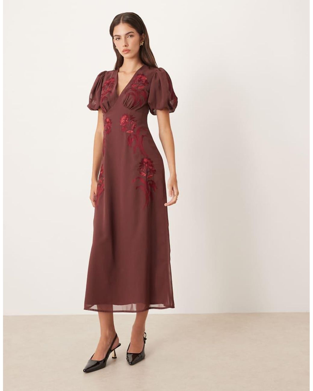 Maya Embroidered Short Sleeve V Neck Midaxi Dress