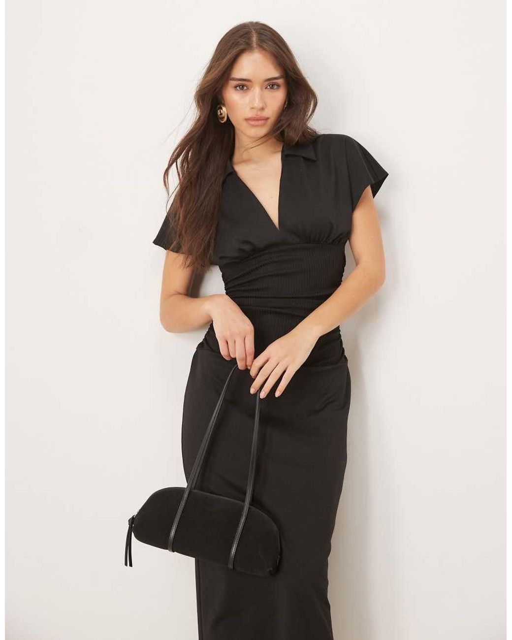 ASOS Natural Short Sleeve Collared Midi Dress With Ribbed Waist Mix