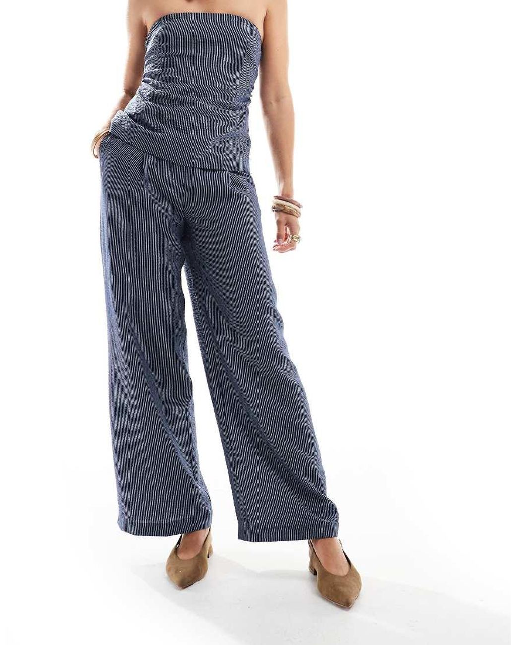 New Look Blue Co-ord Wide Leg Stripe Trousers