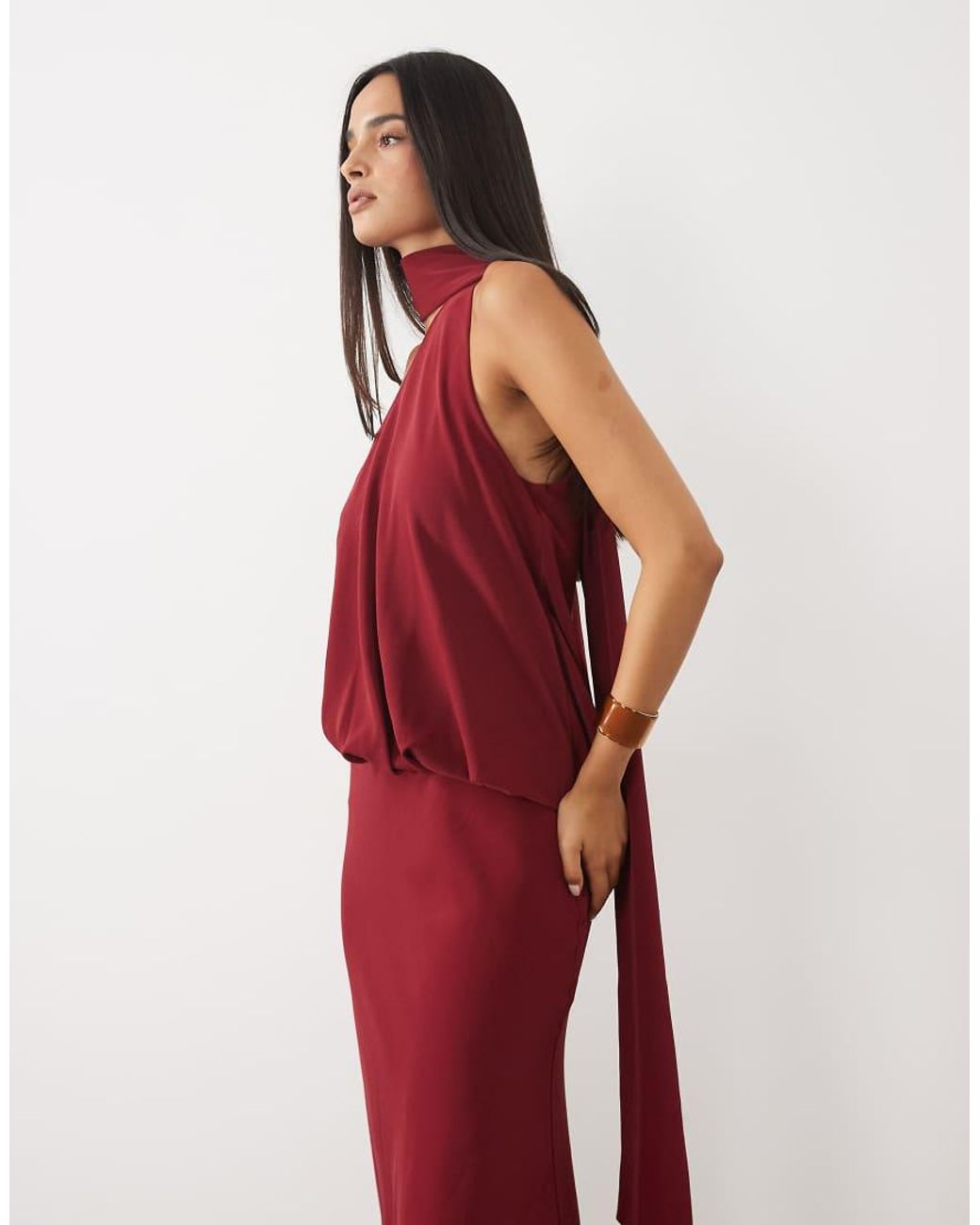 ASOS Red One Shoulder With Tie Neck Maxi Dress