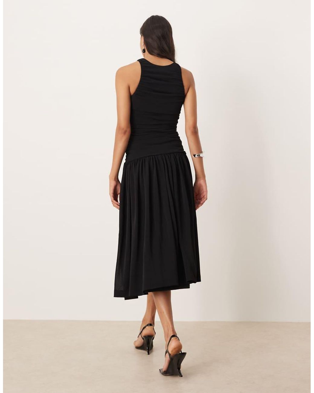 Mango Black Drop Hem Ruched Midaxi Dress