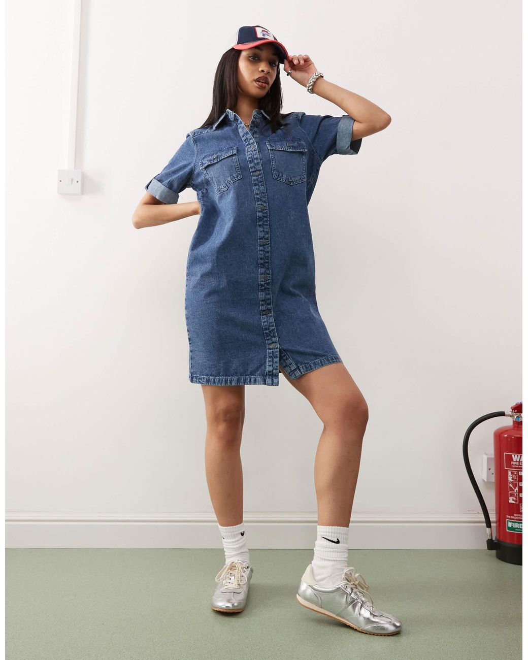 Noisy May Rolled Sleeve Denim Mini Dress in Blue | Lyst
