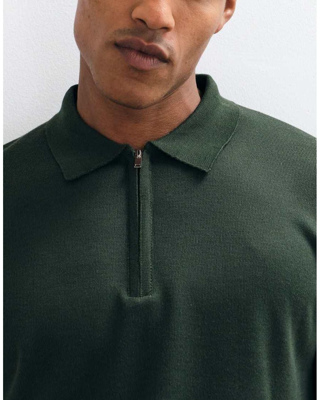 Brave Soul Green Knitted 1/4 Zip Jumper With Polo Placket for men