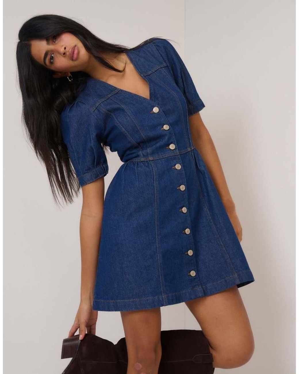 Nobody's Child Blue Short Sleeve Denim Fit And Flare Mini Dress