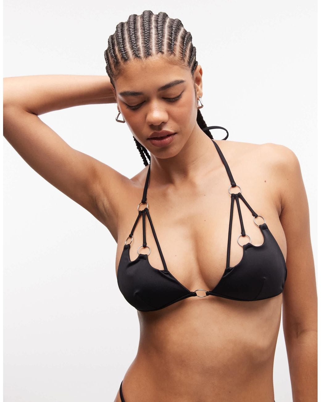 ASOS Black Ari High Apex Triangle Cut Out Bikini Top With Hoop Hardware Detail