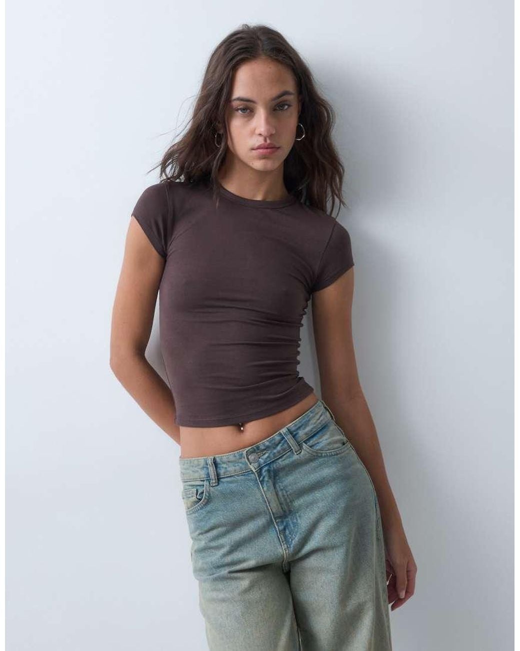Collusion Brown Fitted Cap Sleeve Tshirt