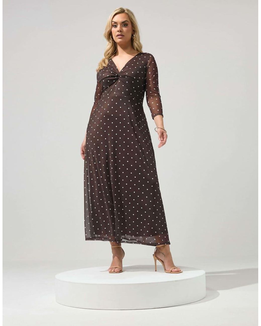 Yours Clothing Brown Polka Dot Knot Front Dress