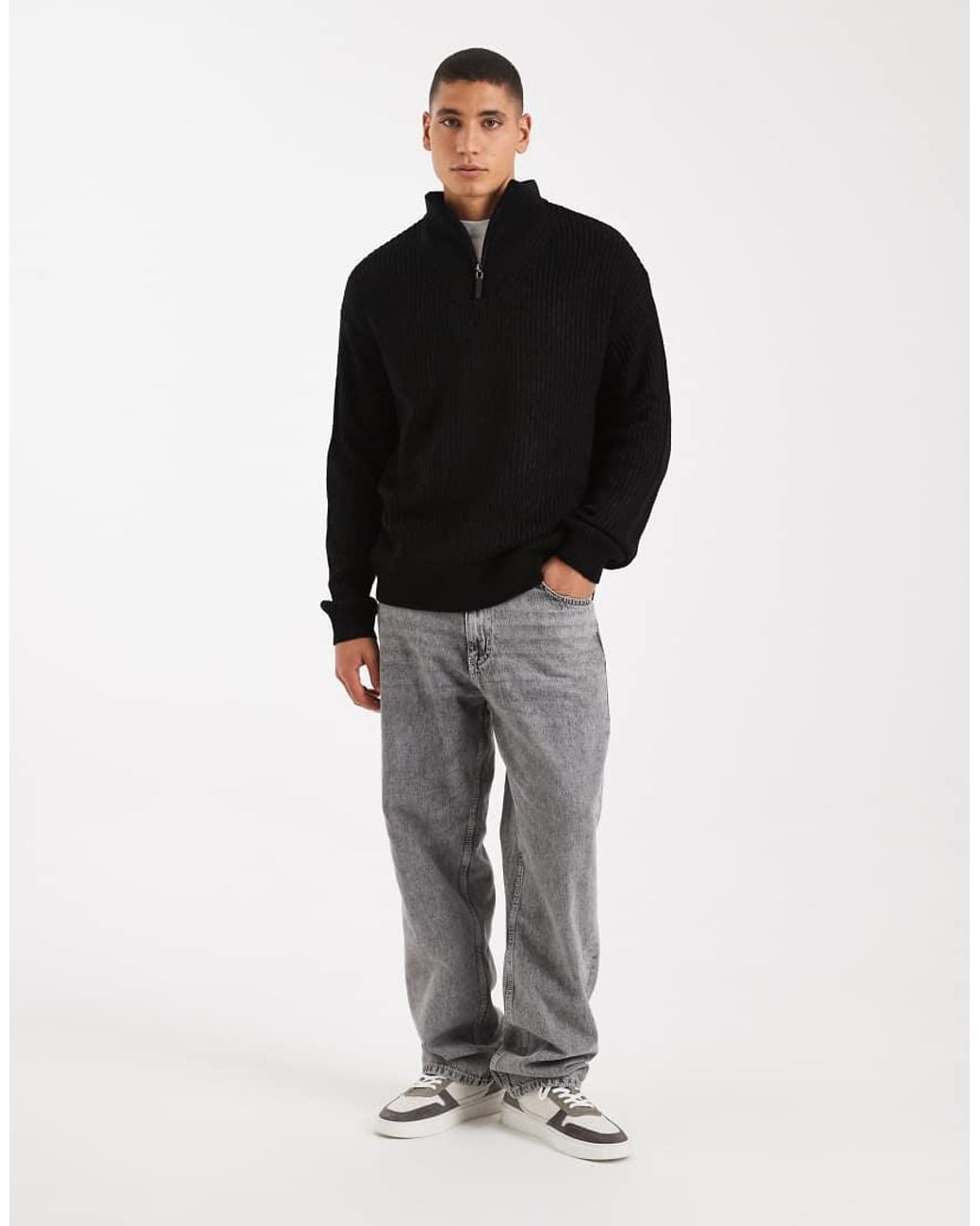 New Look Black Fisherman Knit 1/4 Zip Sweater for men