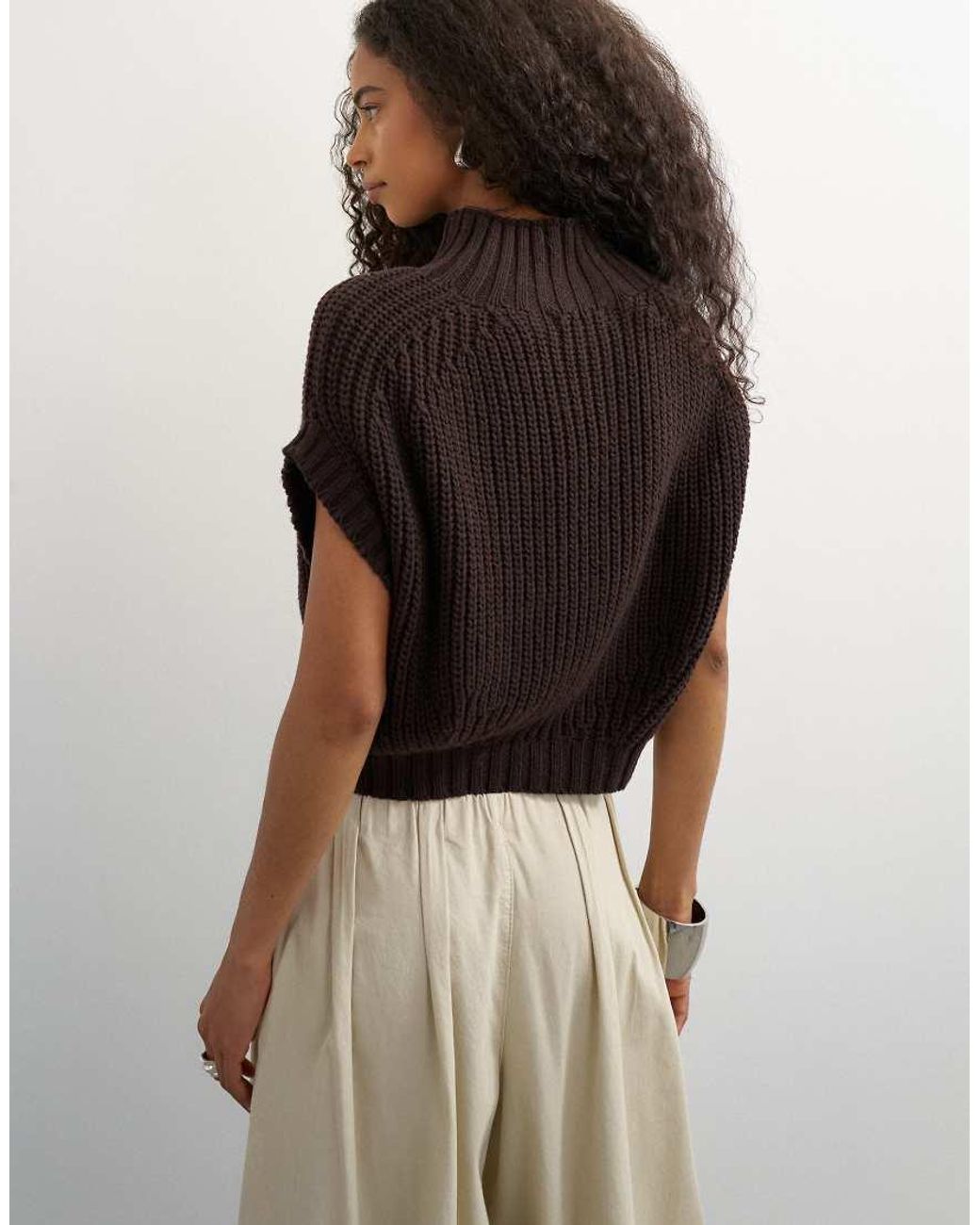 TOPSHOP Brown Knitted Slouchy Short Sleeve Ribbed Top With Wool