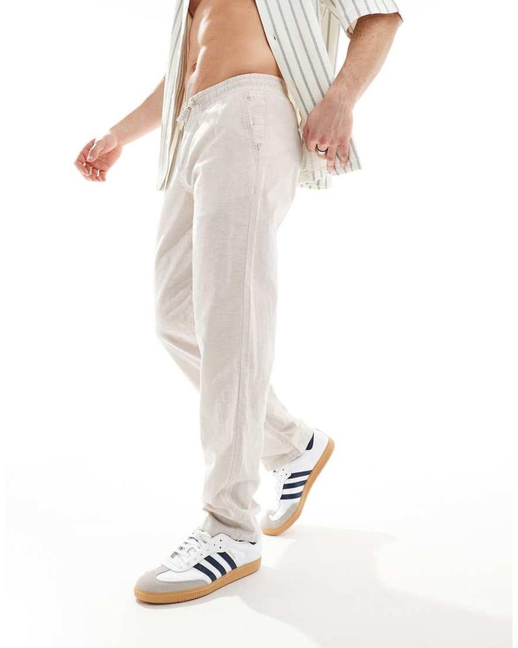 Jack & Jones White Straight Leg Pull On Linen Trouser for men