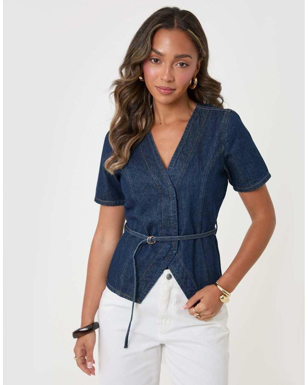 Threadbare Blue Denim Belted Short Sleeve Top
