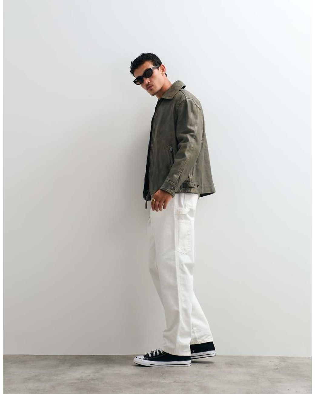 AllSaints White Garrison Zip Up Leather Jacket for men