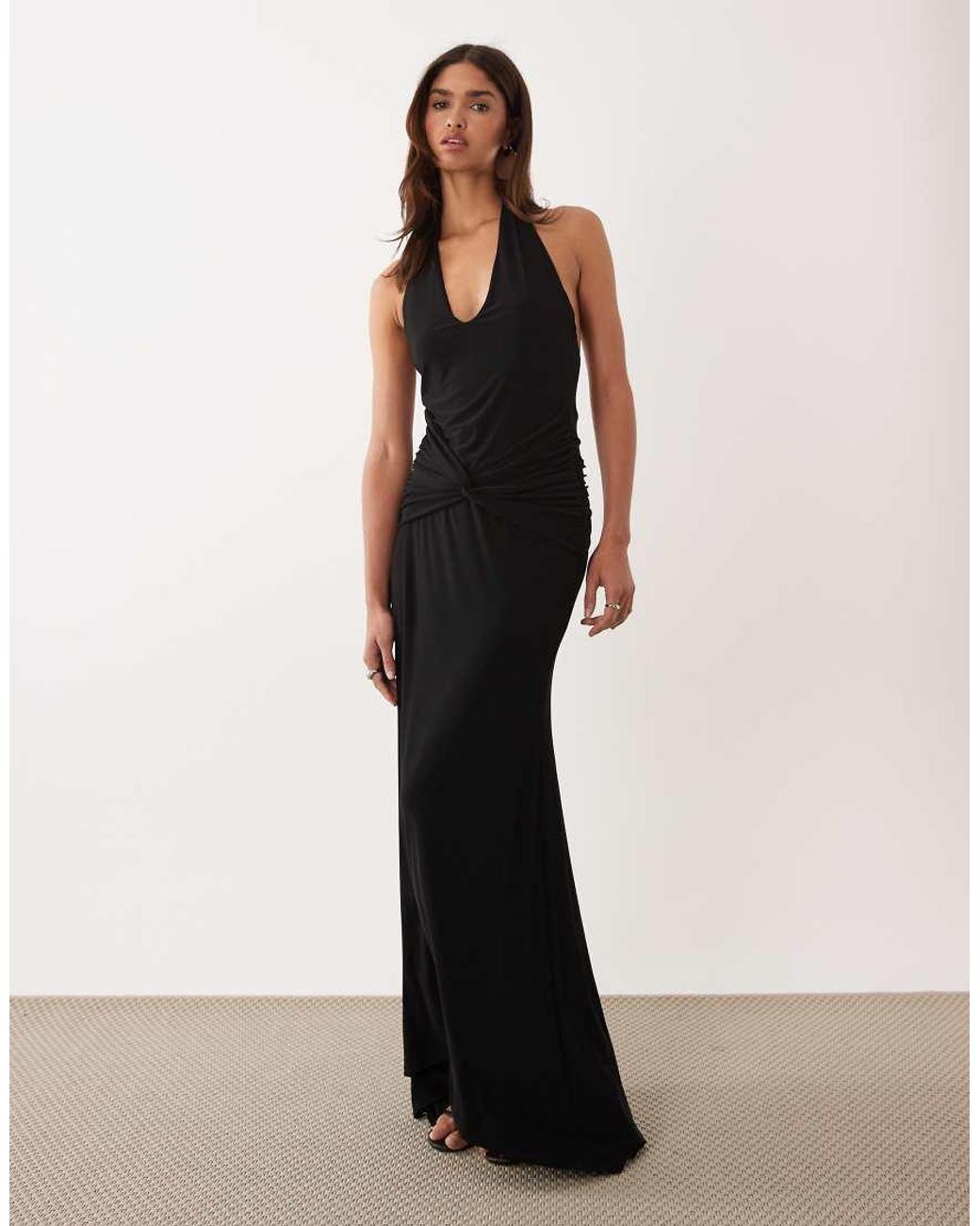 ASOS White Deep Plunge Halter Maxi Dress With Ruched Hip