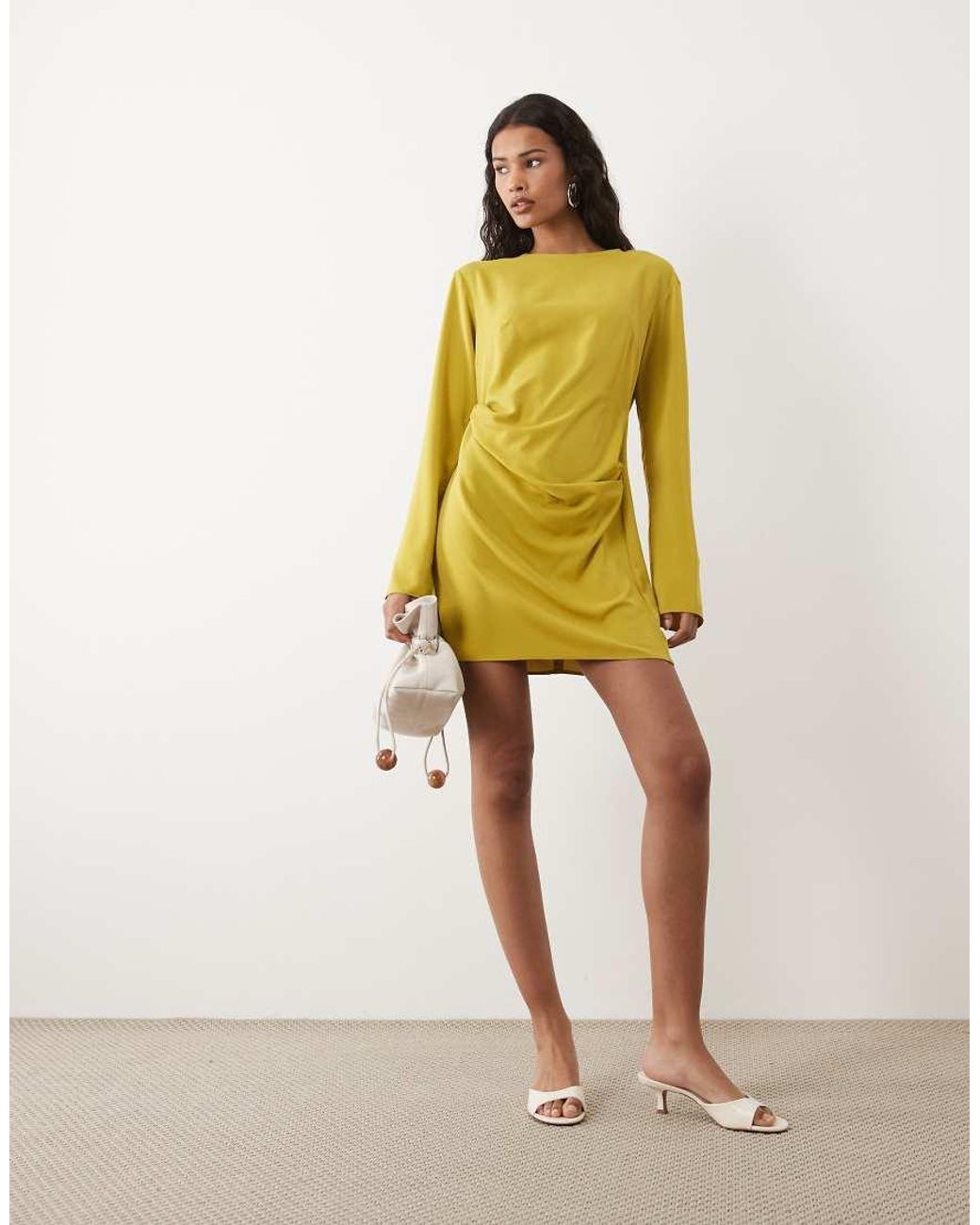 ASOS Yellow Fluid Long Sleeve Mini Dress With Ruched Side Detail