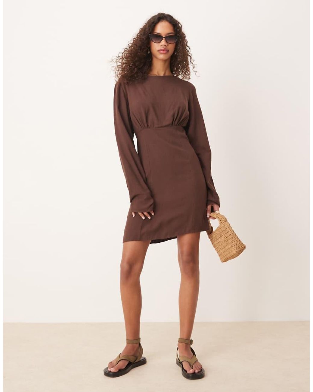 ASOS Brown Linen Blend Cocoon Sleeve Mini Dress
