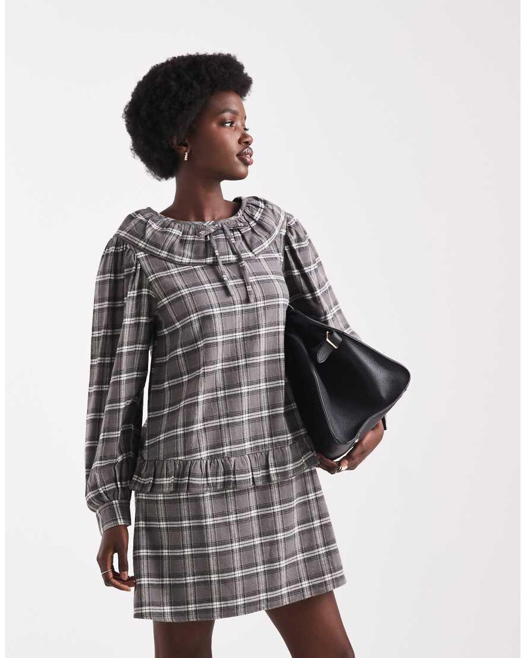 Native Youth Gray Tartan Ruffle Collared Dress