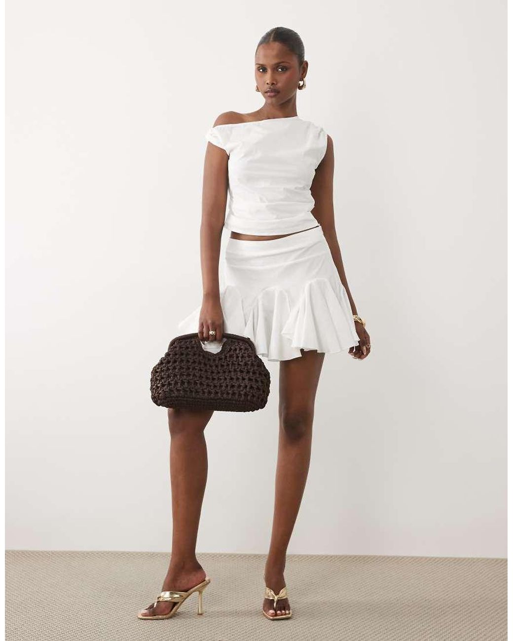Kaiia White Exclusive Stretch Cotton Rich Twist Off Shoulder Top Co-ord
