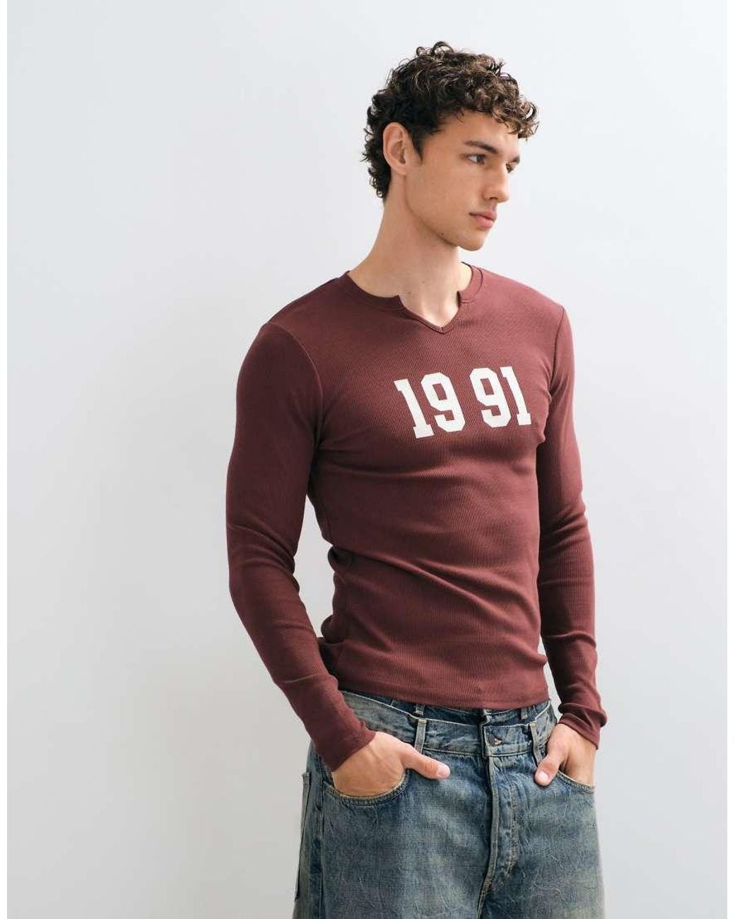 ASOS Red Muscle Fit Notch Neck Long Sleeve Top With 1991 Varsity Print for men