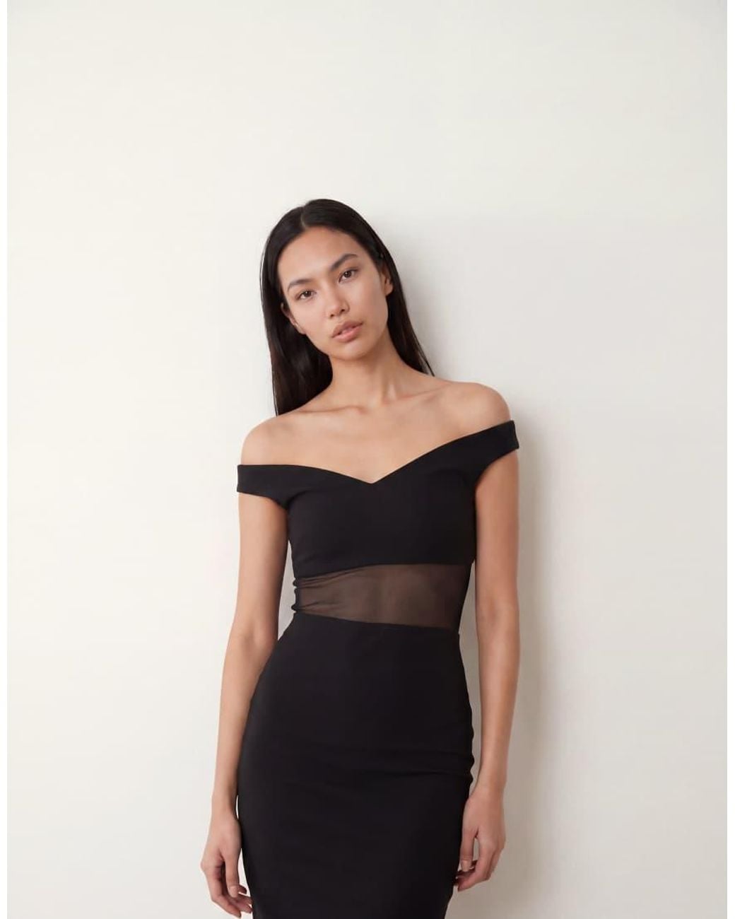 Vesper Black Bengaline Sweetheart Neckline Off Shoulder Mesh Panel Maxi Dress