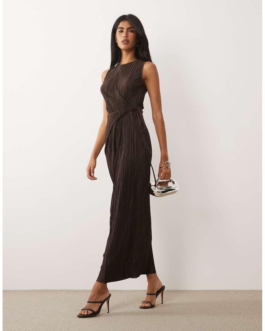 ASOS Natural Plisse Sleeveless Wrap Tie Front Maxi Dress
