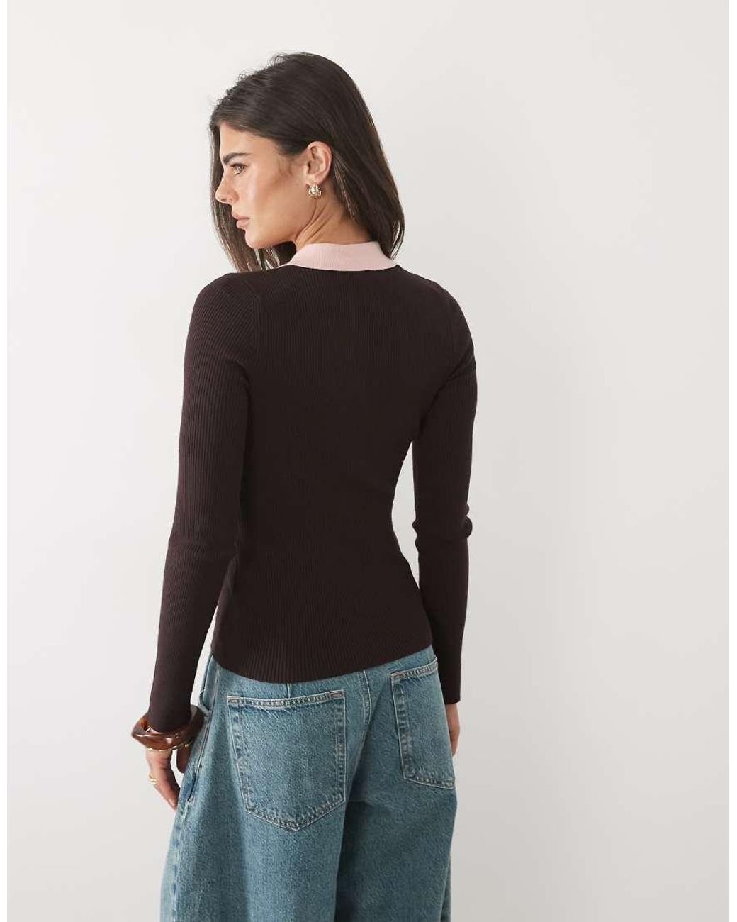Nobody's Child Blue Fine Rib Knitted Contrast Collar Long Sleeve Top