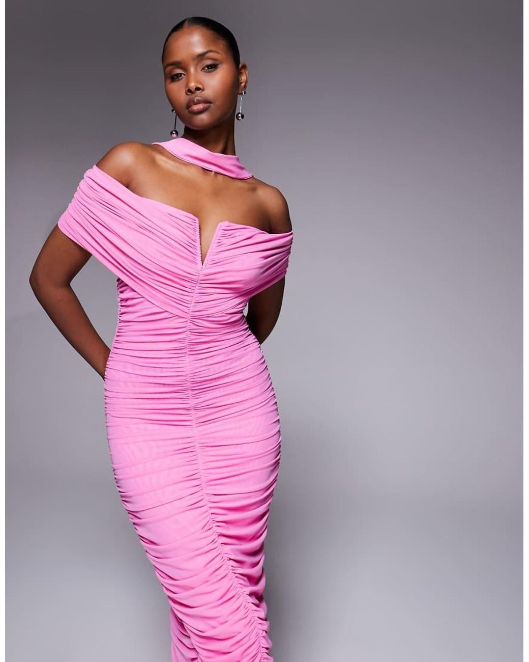 Ruched & Ready Pink Sculpting Mesh Bardot V Front Bodycon Maxi Dress