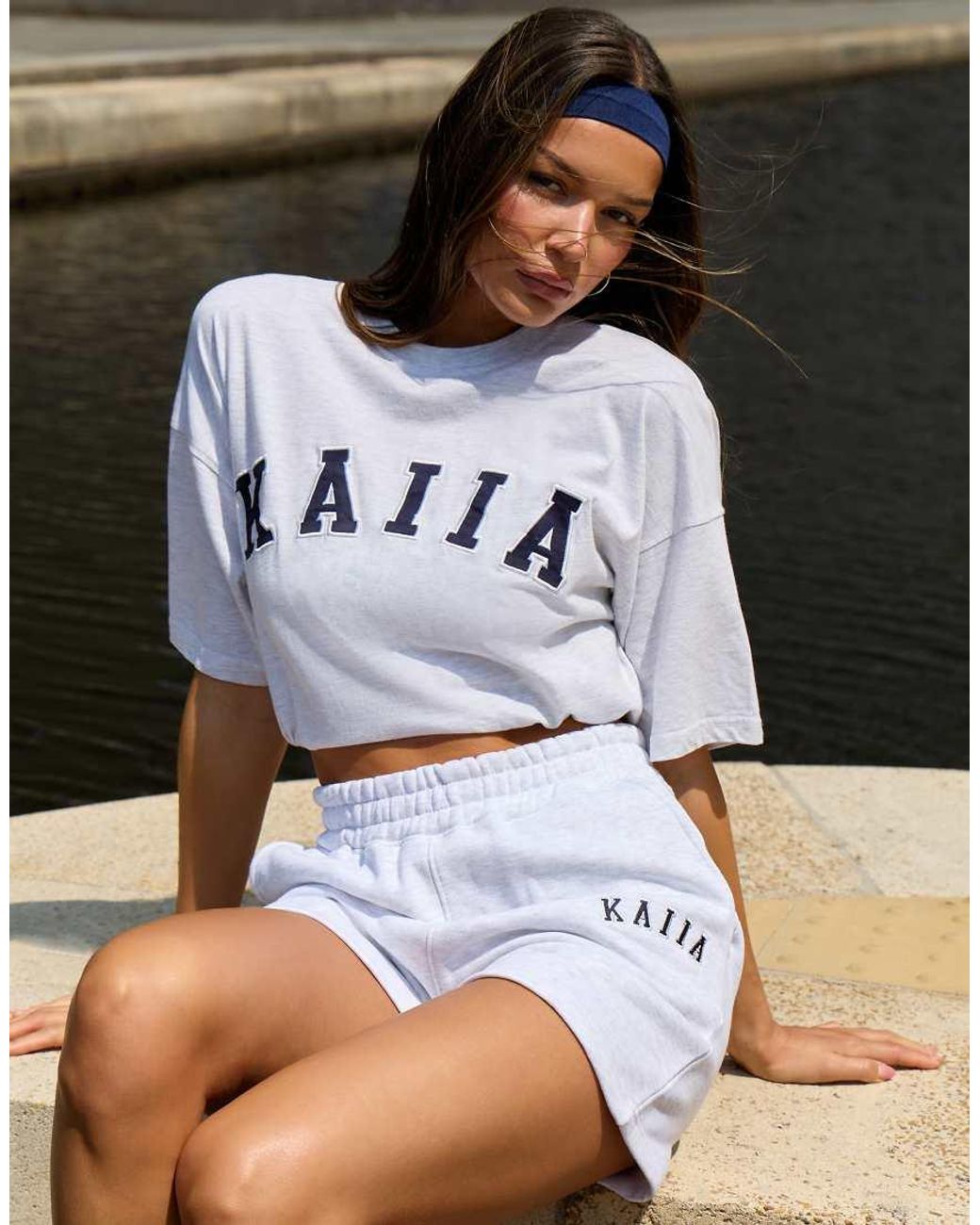 Kaiia Blue Cotton Blend Embroidered Logo Sweat Shorts Co-ord