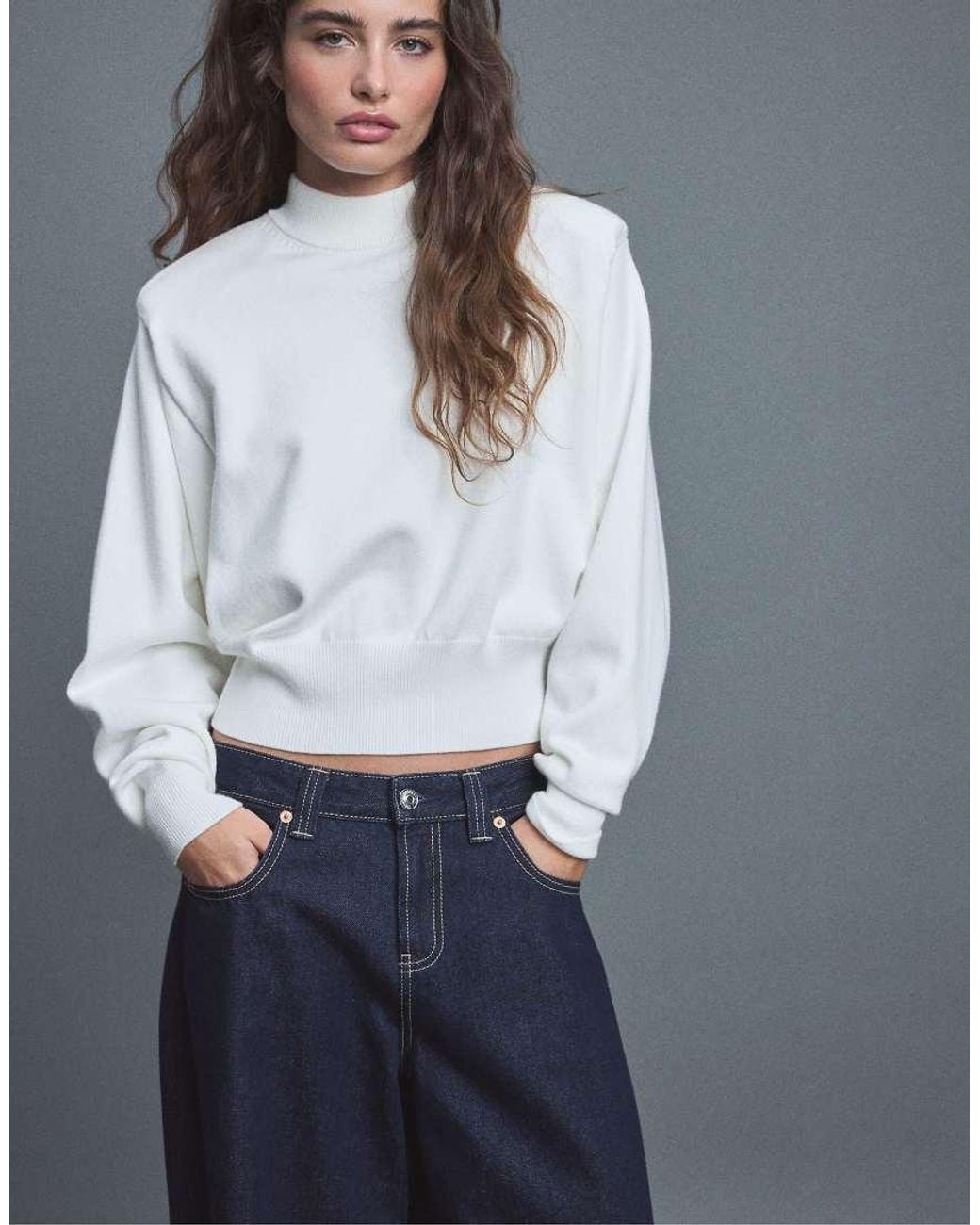 Stradivarius Blue Padded Shoulders Knit Jumper