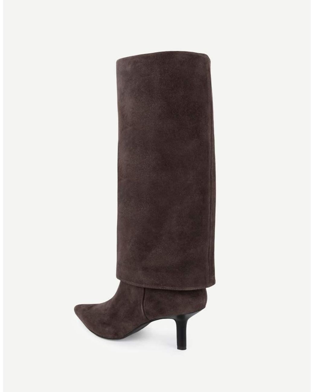 OFF THE HOOK Brown Electra Suede Fold-Over Knee-High Stiletto Boots