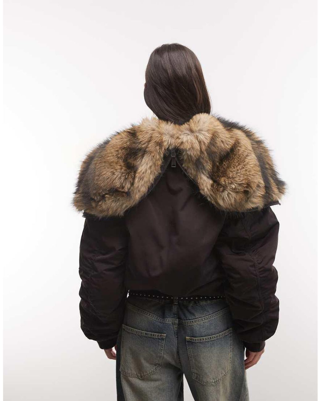 Weekday Black Cropped Bomber Jacket With Faux Fur Zip Hood