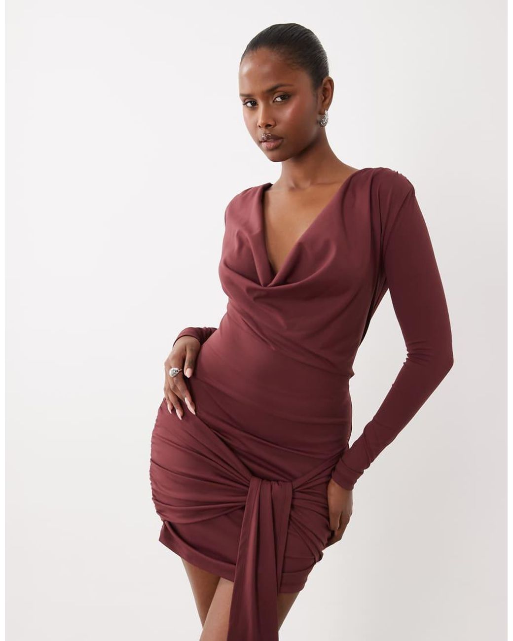 The Frolic Red Exclusive Cowl Neck Drape Front Mini Dress
