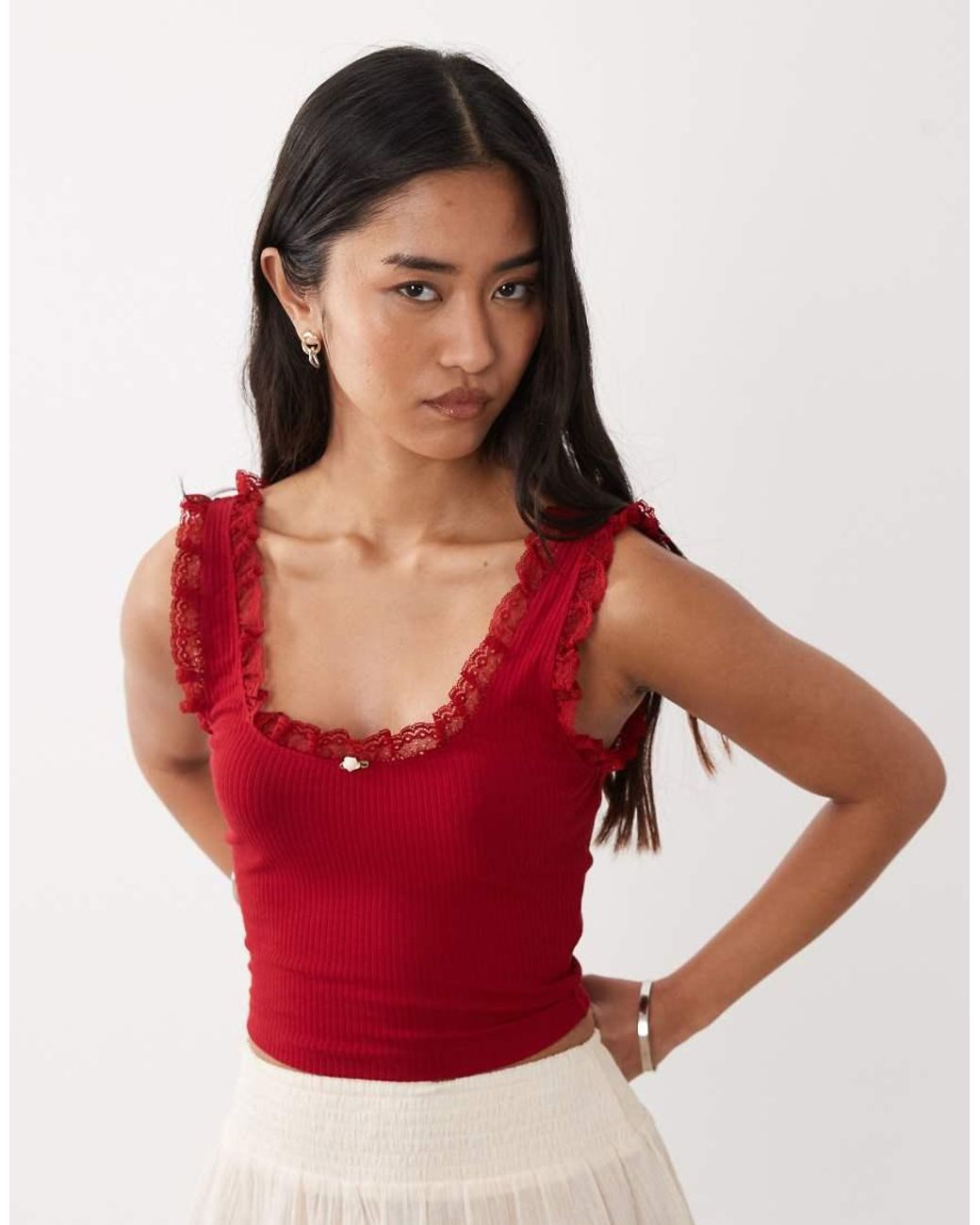 Miss Selfridge Red Ribbed Vest Top With Lace Detail