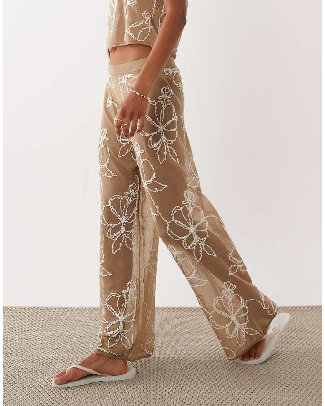 Miss Selfridge Natural Beach Premium Sheer Knit Embroidered Wide Leg Pants