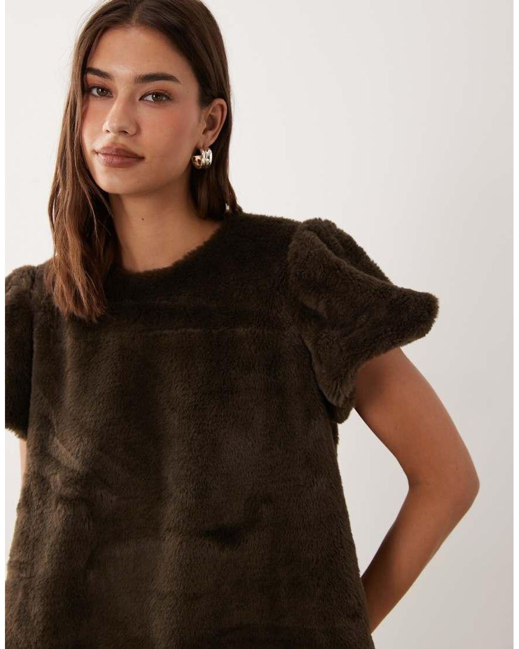 ASOS Brown Crew Neck Faux Fur Mini Dress With Puff Sleeves