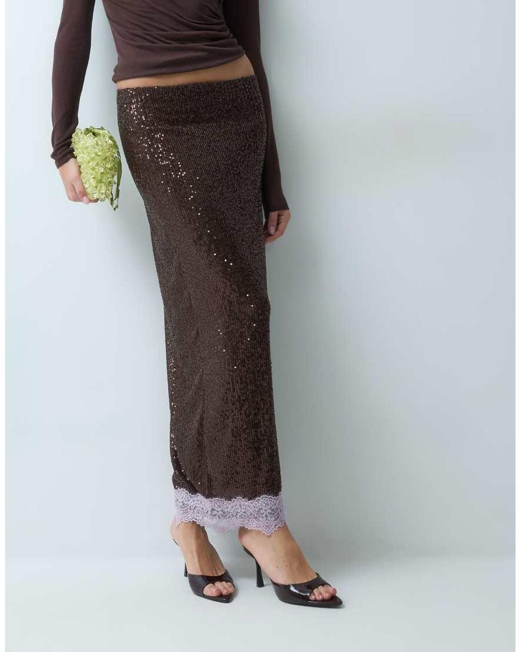 ASOS Brown Sequin Pencil Skirt With Lace Trim