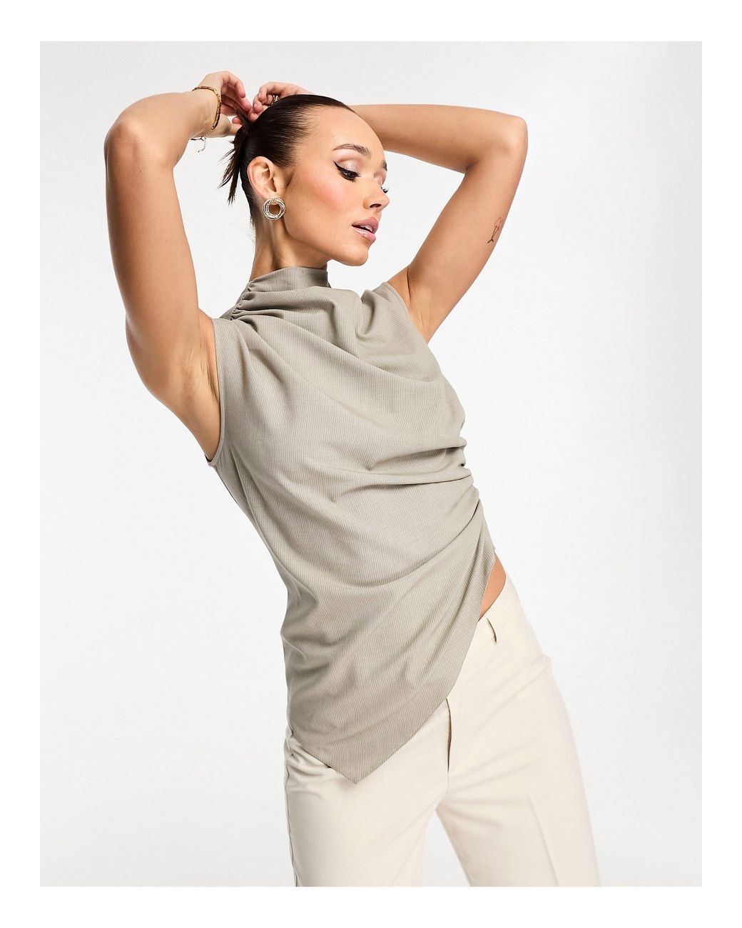 ASOS Drape High Neck Asymmetric Smart Top in Grey | Lyst UK