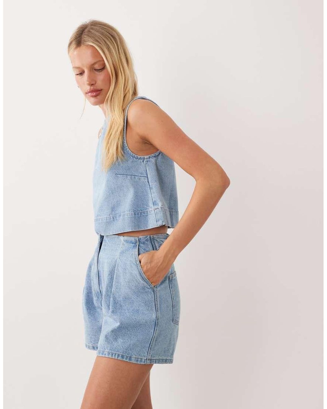 ASOS Blue Denim Pleat Front Short With Cinch Back Detail