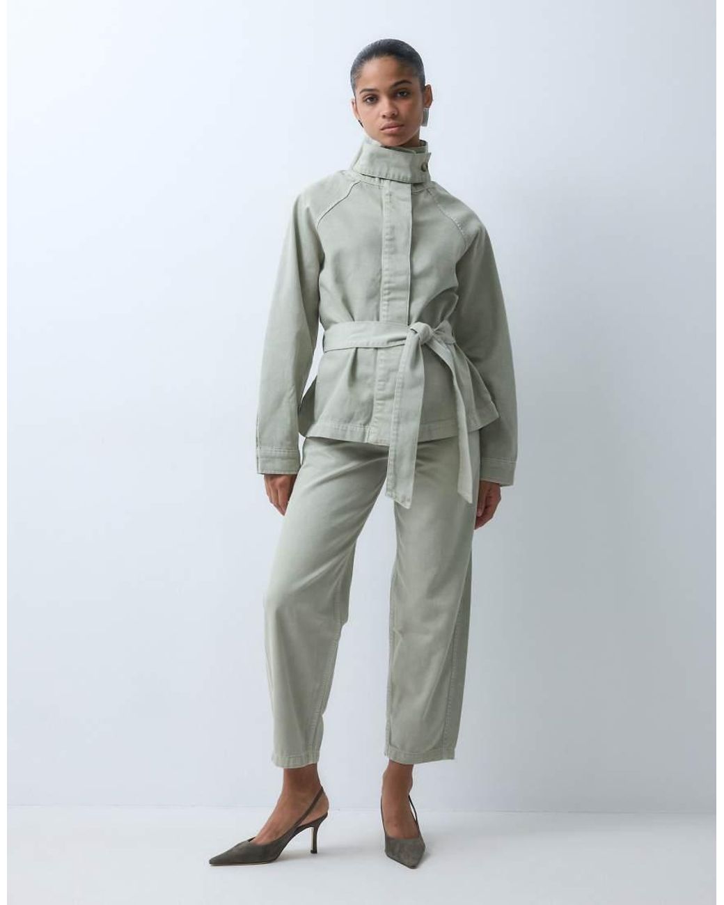 4th & Reckless Natural Twill Denim Funnel Neck Tie Waist Detail Jacket