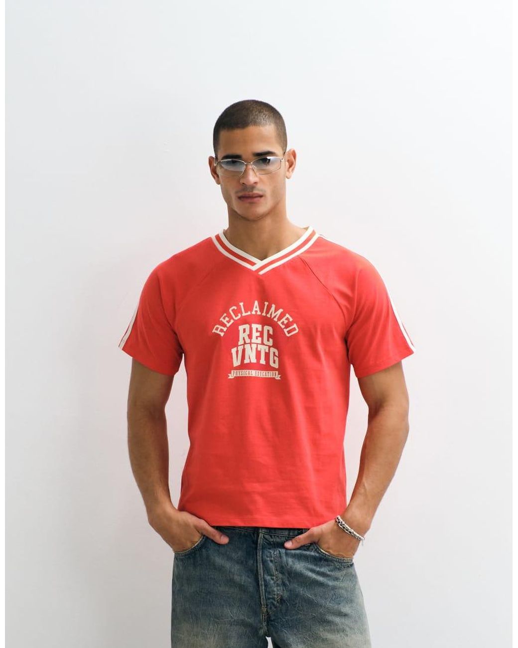 Reclaimed Vintage Red V Neck Collegiate Graphic T-shirt for men