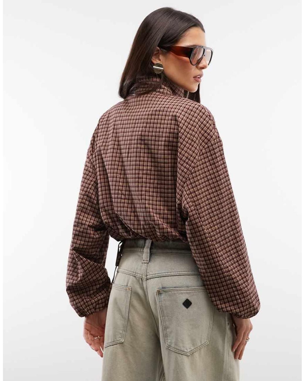 CERNUCCI Brown Check Twill Funnel Neck Jacket