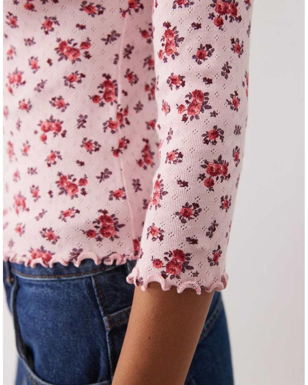 Miss Selfridge Red Pointelle 3/4 Sleeve T-shirt