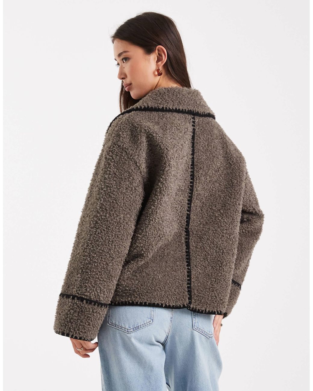 Object Brown Borg Teddy Aviator Jacket With Contrast Stitch