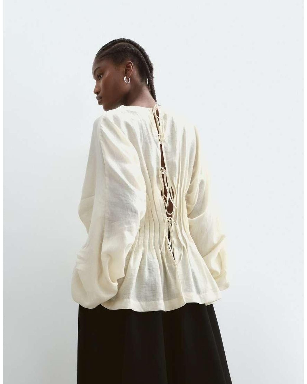 ARRANGE Natural Organza Volume Sleeve Pleated Cinched Waist Top