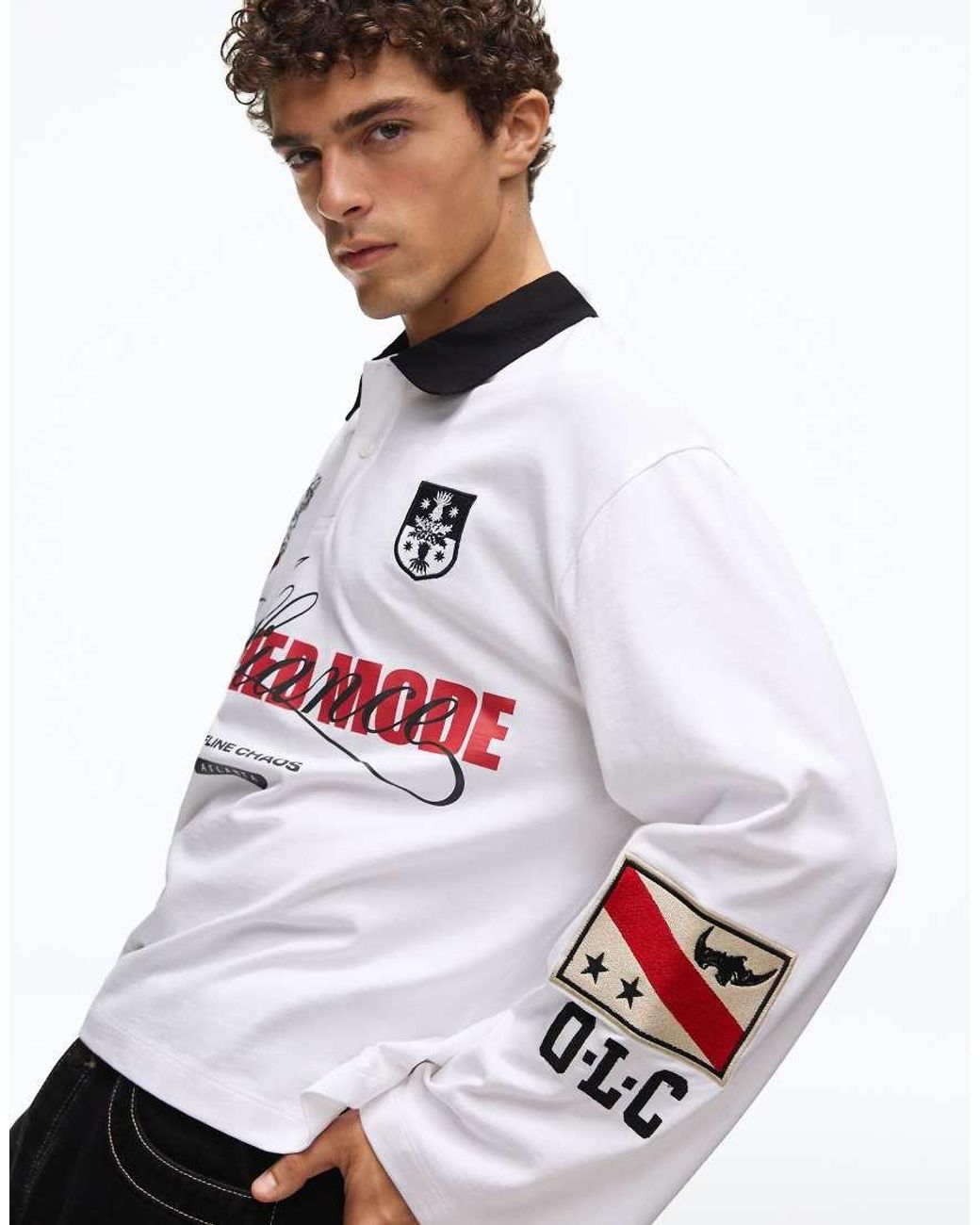 Bershka White Boxy Long Sleeve Polo Shirt for men
