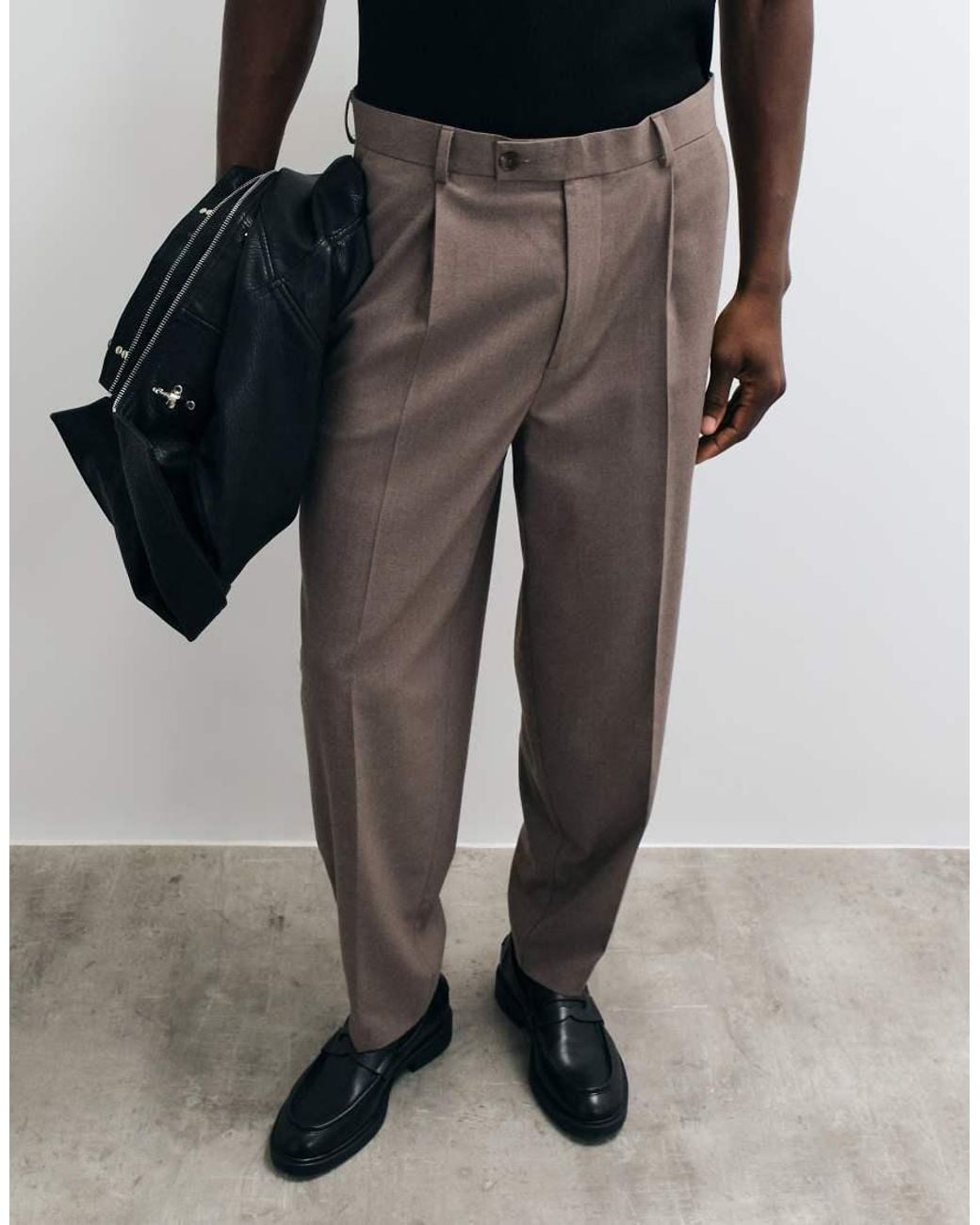 ASOS Black Tailored Pleated Flannel Trousers for men