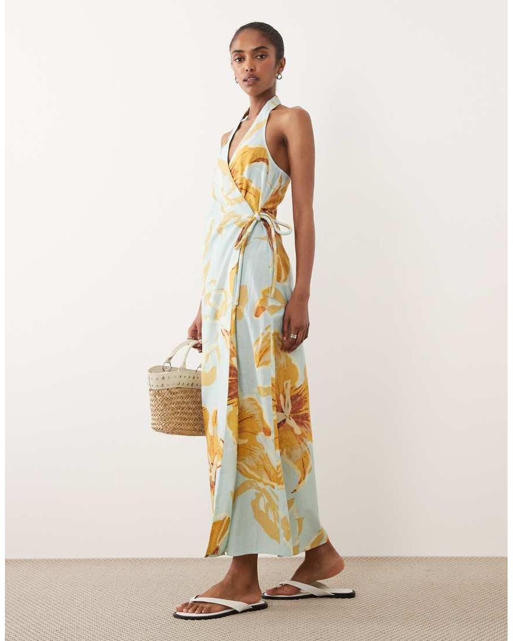 ASOS White Cotton Linen Halter Neck Wrap Maxi Sundress Blue & Yellow Floral