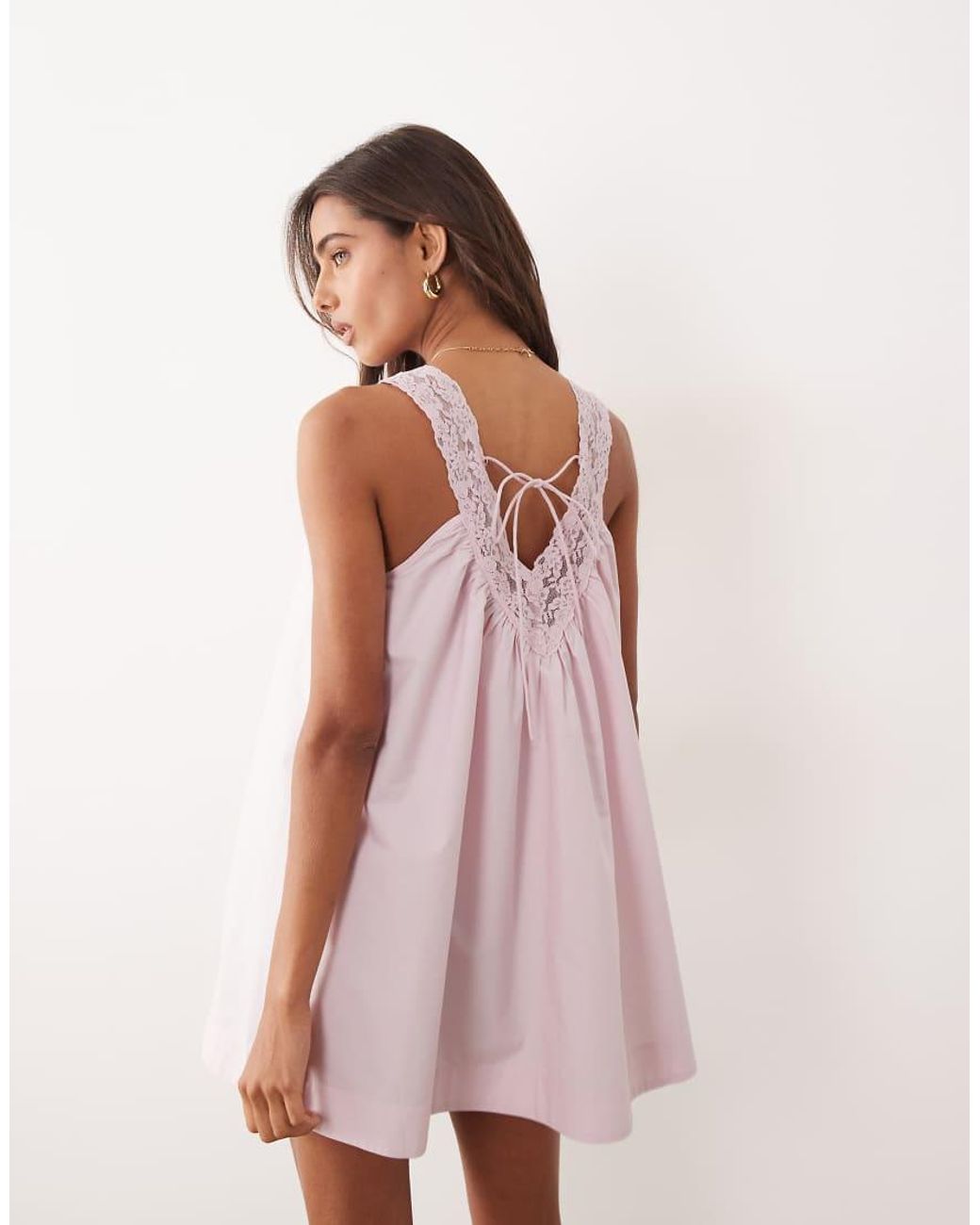 ASOS Pink V Neck Smock Poplin Mini Sundress With Lace Overlay