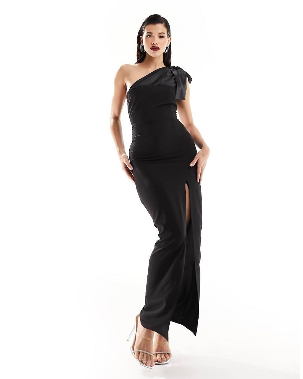 Vesper Black Bengaline Contrast Satin Bow Thigh Spilt Maxi Dress