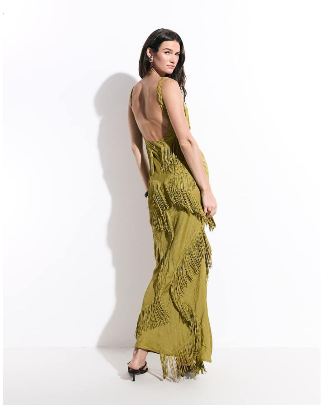 ASOS Metallic Scoop Neck Maxi Dress With Asymmetric Fringe