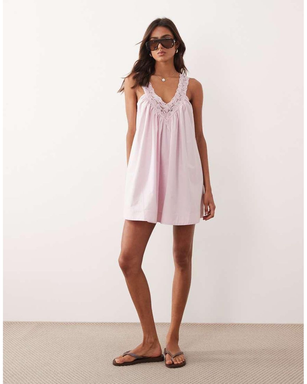 ASOS Pink V Neck Smock Poplin Mini Sundress With Lace Overlay